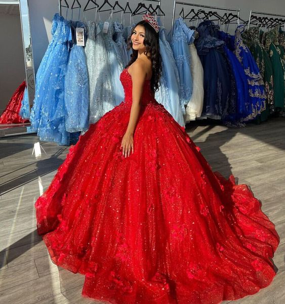 3D Flowers Red Quinceanera Dresses Glitter Sequins Sweet 15 Prom Party Ball Gown fg6664 - View 2 | VelvetHem