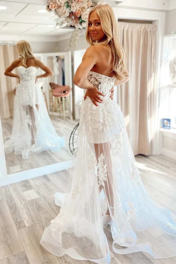 Sheer Lace Applique Prom Dresses Strapless Formal Gown fg6666 - View 2 | VelvetHem