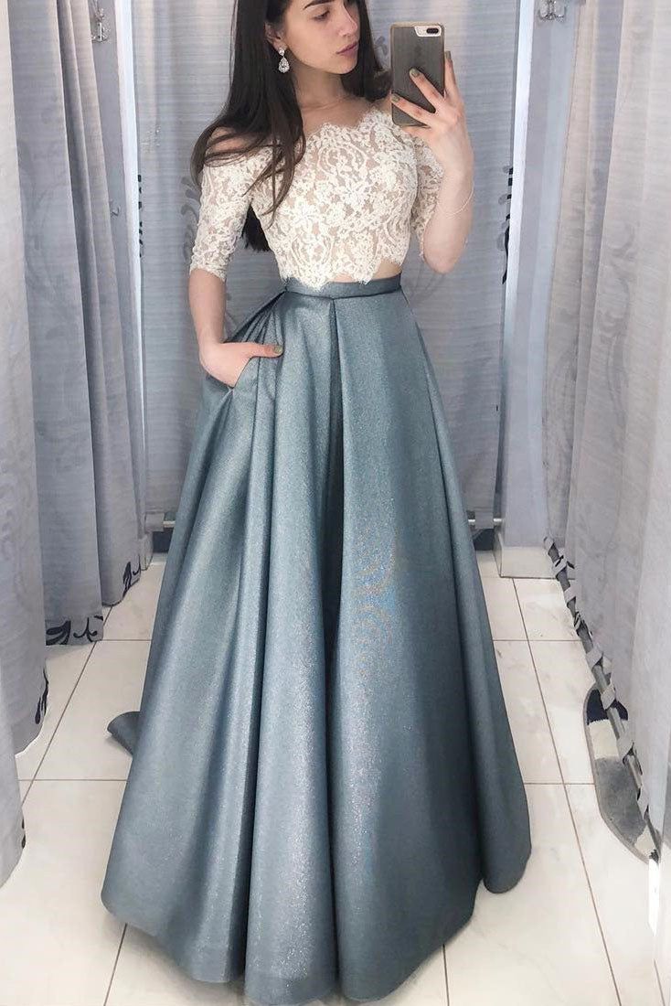 Two Piece Long Prom Dress with White Lace Top fg6170 - View 2 | VelvetHem
