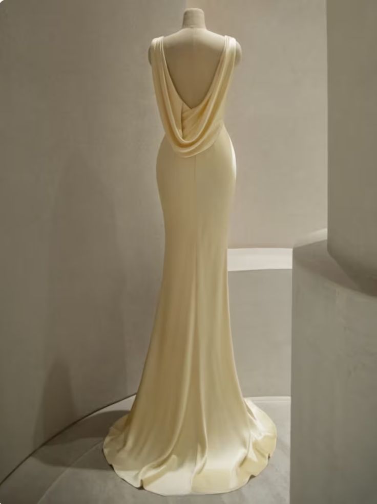 Pastel Yellow Satin Backless Mermaid Long Prom Dress fg6689 - View 3 | VelvetHem