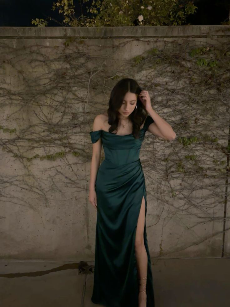 Off Shoulder Side Slit Dark Green Satin Long Evening Prom Dresses fg6721 - View 2 | VelvetHem