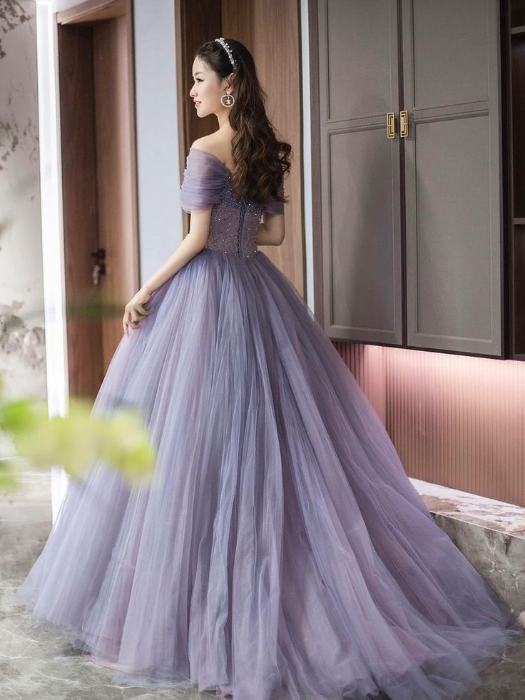 Purple A-Line Off Shoulder Tulle Beading Long Prom Dress fg6712 - View 3 | VelvetHem