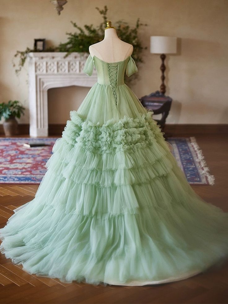 A-Line off Shoulder Tulle Green Long Prom Dress, Green Sweet 16 Dress fg6744 - View 3 | VelvetHem