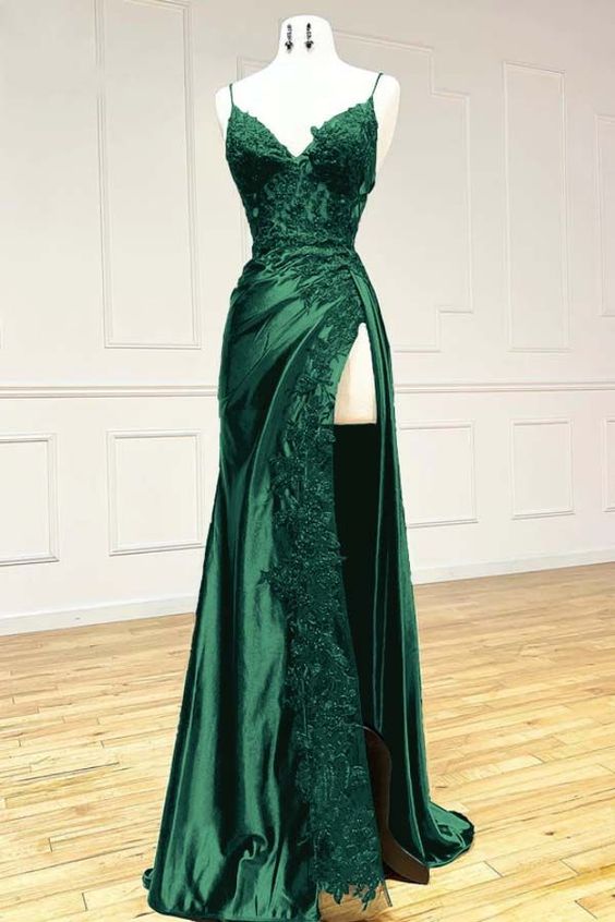 V Neck Satin Lace Long Prom Dress, Green Lace Long Evening Dress fg6724 - View 2 | VelvetHem
