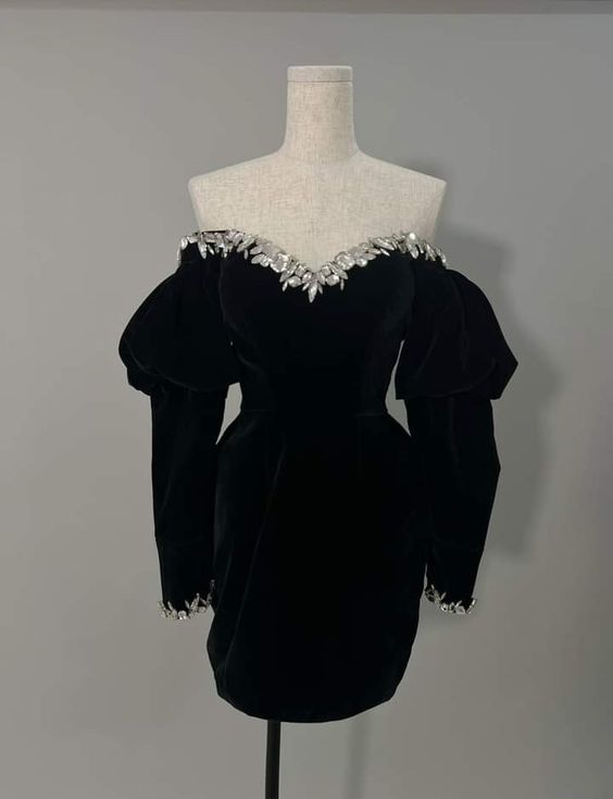 Puff sleeve mini dress, elegant black long sleeve short evening dress fg6107 - VelvetHem