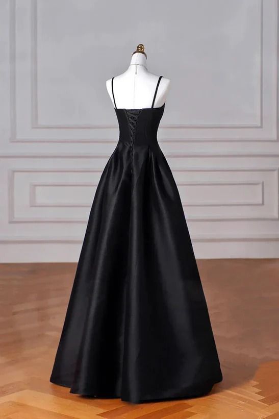Elegant Black A Line Satin Long Prom Dress Formal Evening Dress fg6742 - View 2 | VelvetHem