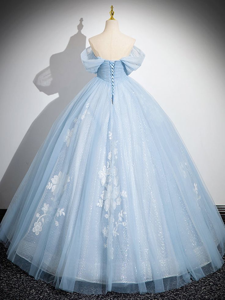 A-Line Off Shoulder Tulle Sequin Blue Long Prom Dress, Blue Sweet 16 Dress fg6727 - View 3 | VelvetHem