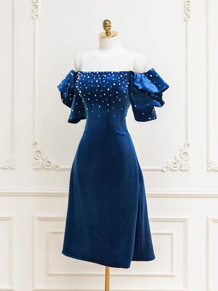 Homecoming Dresses,blue Velvet Beads Short Prom Dress, Blue Cocktail Dress fg6425 - View 2 | VelvetHem