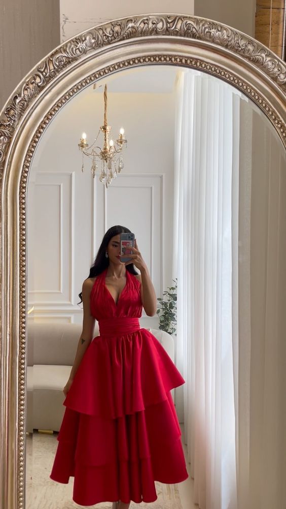 Elegant Short Satin Halter Evening Dresses Muslim Backless A-Line Red Dress Formal Dress Pleated Tea Length Gowns fg6308 - View 2 | VelvetHem