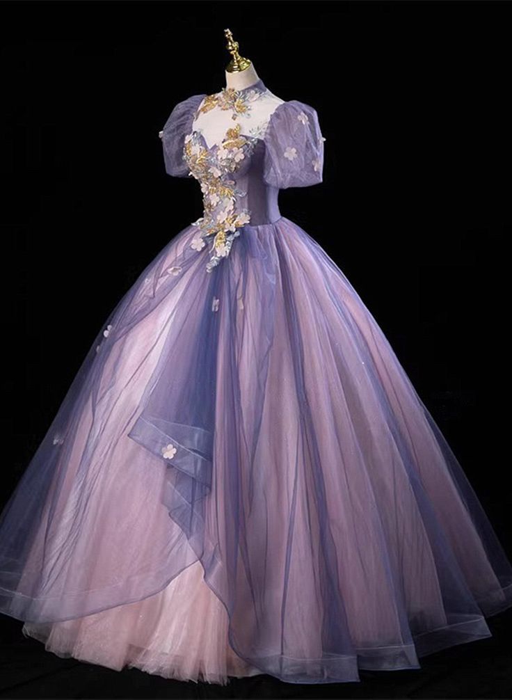 Purple Tulle Puff Sleeve Appliques Quinceanera Dress Evening Dress fg6750 - View 2 | VelvetHem