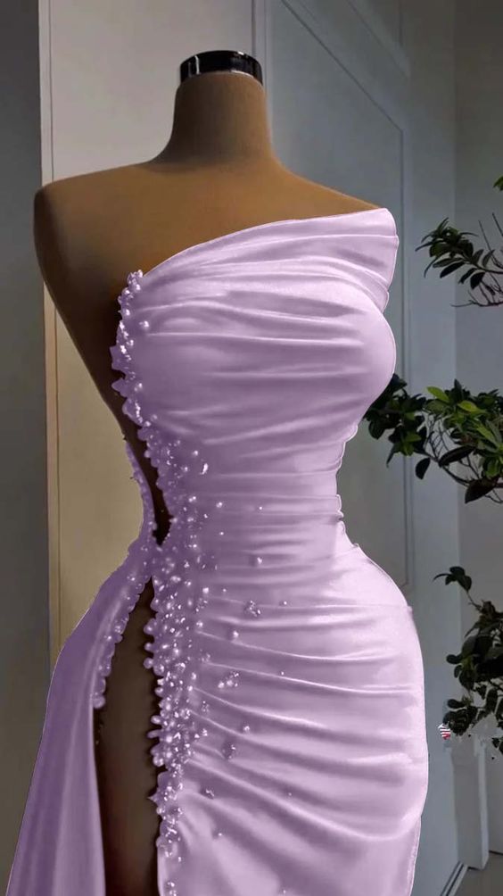 Pearl Strapless Prom Dress Long Slit Sleeveless Gown fg6075 - VelvetHem