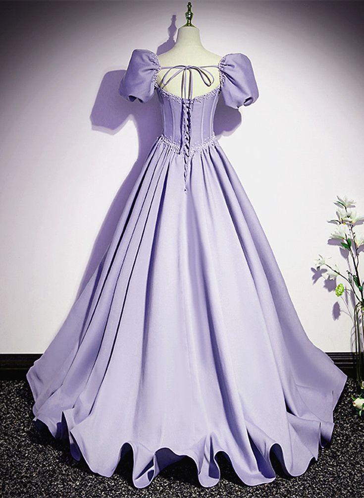 Satin Short Sleeves Beaded Party Dress, A-line Long Prom Dress fg6423 - View 3 | VelvetHem