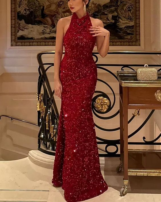 Mermaid Burgundy Halter Sequin Prom Dress, Sequin Evening Dress fg6731 - View 2 | VelvetHem