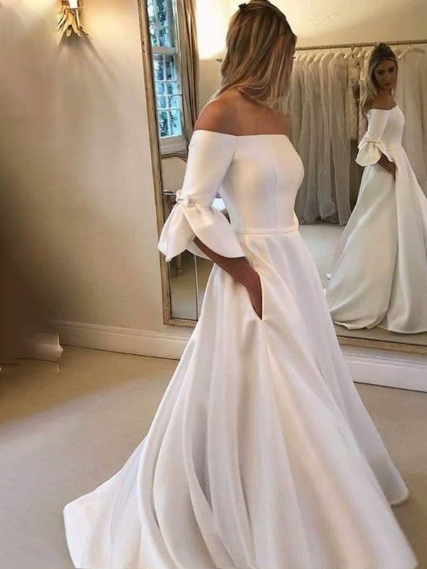 Elegant Off-Shoulder Satin Wedding Dress with Bow fg6426 - View 2 | VelvetHem