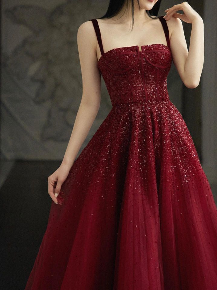 Burgundy Prom Dresses A line Straps Tulle Evening Dresses fg6734 - View 3 | VelvetHem