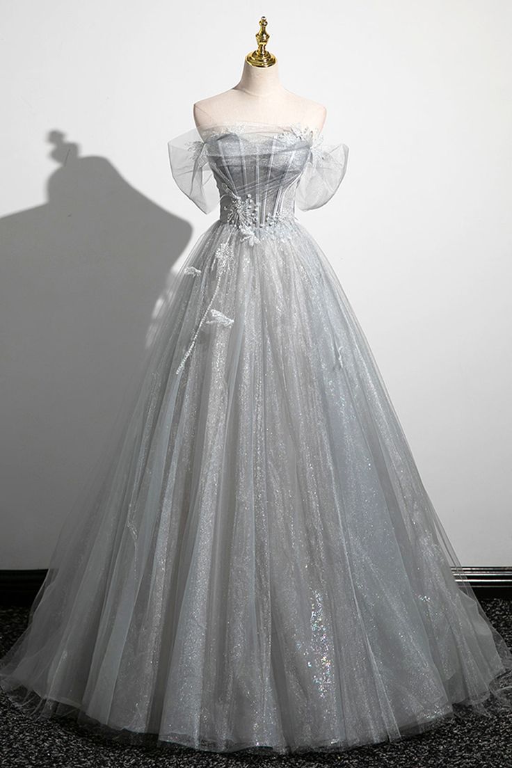 Gray A-Line Off the Shoulder Tulle Prom Dress, Lovely Corset Floor Length Party Dress fg6478 - View 2 | VelvetHem