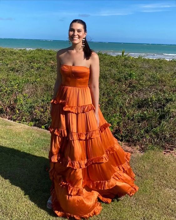 Strapless Burnt Orange A Line Layered Satin Long Prom Dress fg6178 - View 2 | VelvetHem