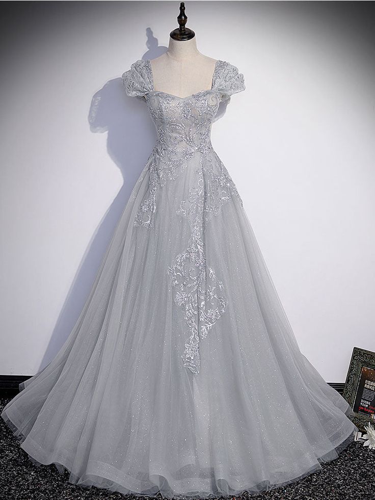 Gray Sweetheart Neck Tulle Lace Long Prom Dress, Gray Evening Dress fg6115 - View 2 | VelvetHem