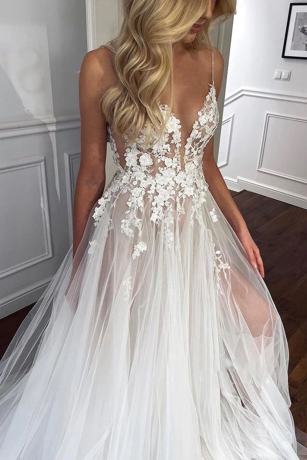Spaghetti Straps V-Neck Lace Appliques A-line Tulle Rustic Wedding Dress With Slit fg6416 - View 2 | VelvetHem