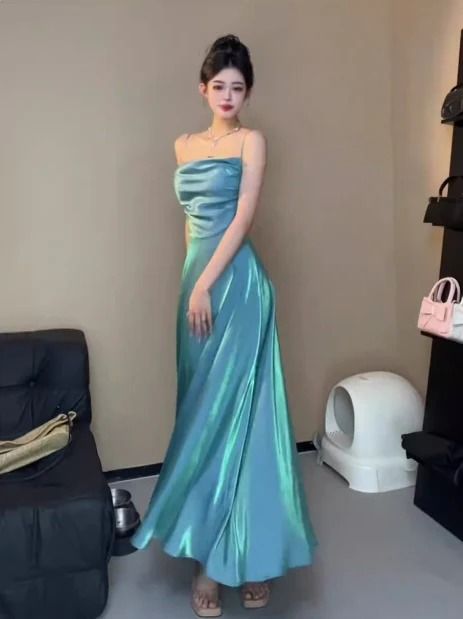 Spaghetti Straps Blue Sheath Long Prom Dresses Homecoming Dress fg6074 - View 2 | VelvetHem