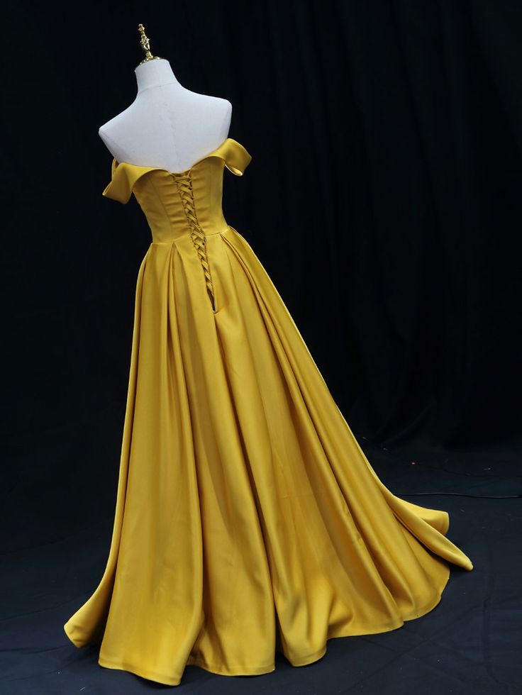 Simple Off Shoulder Yellow Satin Long Prom Dress, Yellow Formal Evening Dress fg6749 - View 3 | VelvetHem