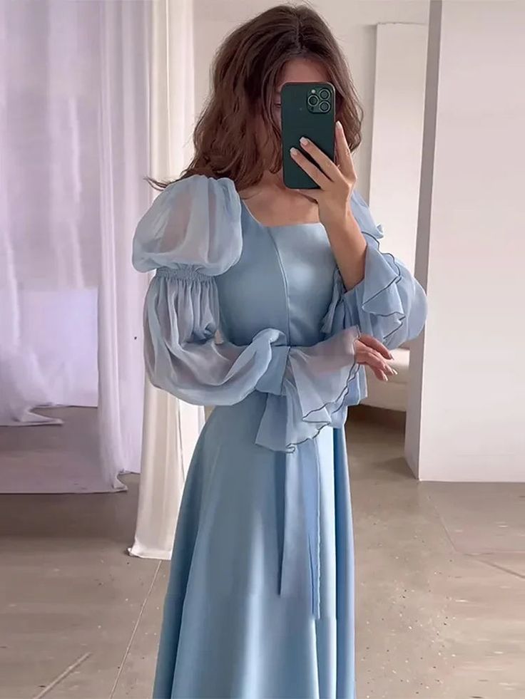 Light Blue Puff Sleeves Long Evening Dress fg6688 - View 3 | VelvetHem