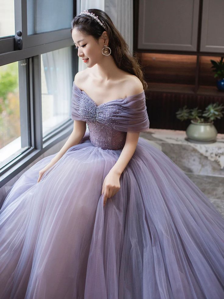 Purple A-Line Off Shoulder Tulle Beading Long Prom Dress fg6712 - View 2 | VelvetHem