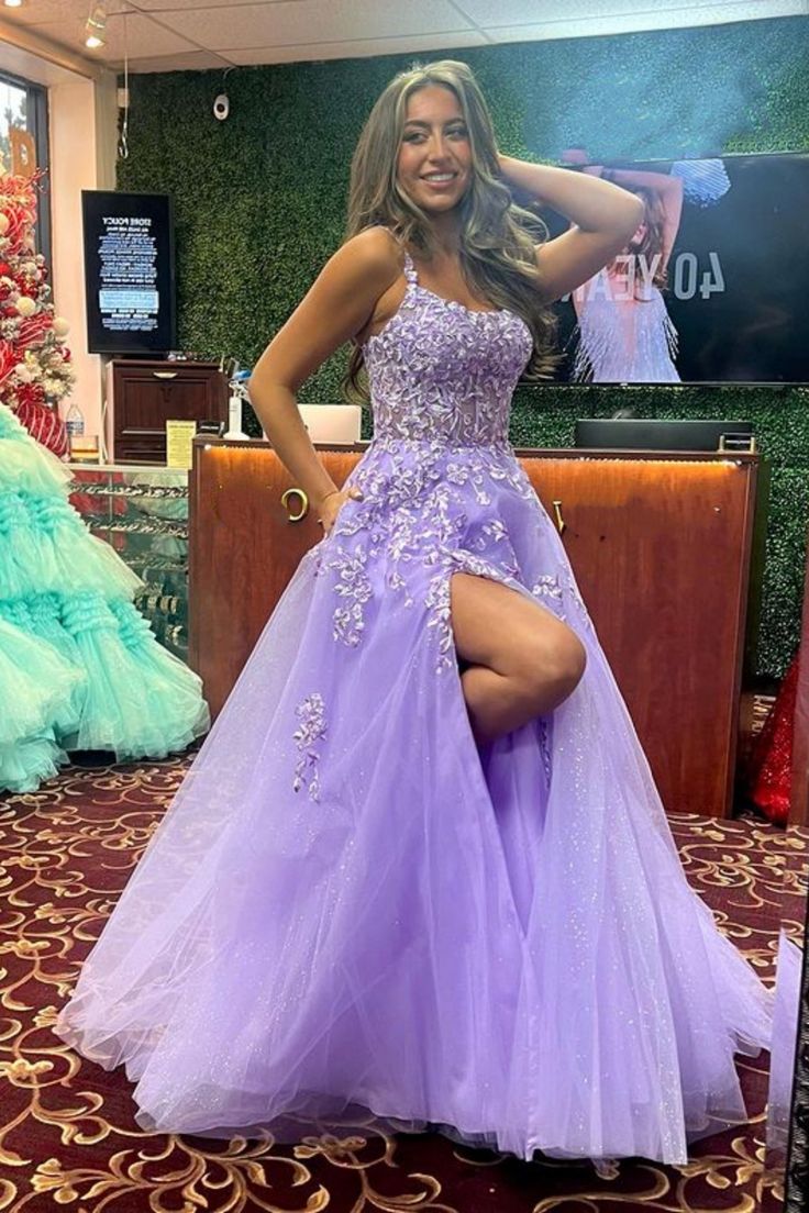 Shiny Purple Lace Long Prom Dress with High Slit, Purple Lace Formal Dress, Purple Evening Dress fg6217 - View 2 | VelvetHem