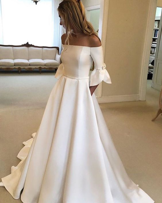 Elegant Off-Shoulder Satin Wedding Dress with Bow fg6426 - View 3 | VelvetHem
