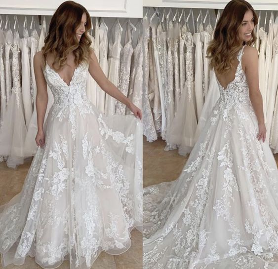 Light champagne applique tulle wedding gown spaghetti straps bridal dresses fg6164 - View 2 | VelvetHem