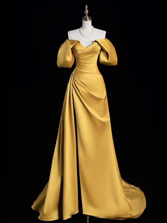 A-Line Off Shoulder Satin Gold Long Prom Dress, Gold Long Evening Dress fg6085 - VelvetHem
