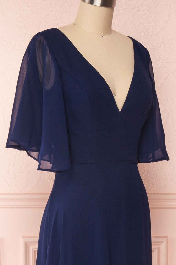Navy Blue Chiffon V-Neck Ruffled Sleeve Long Bridesmaid Dress fg6390 - View 2 | VelvetHem