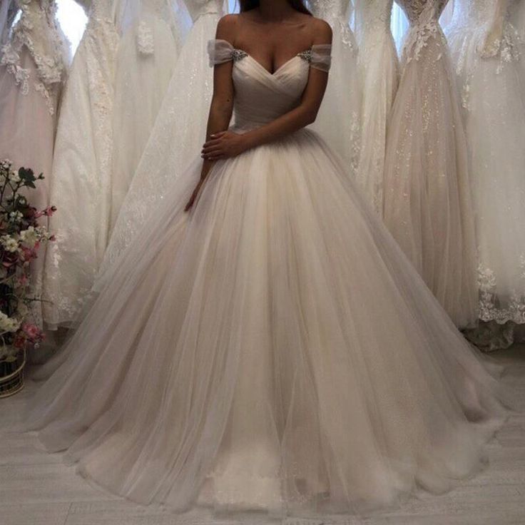 Off the Shoulder Tulle Wedding Dresses Pleated Ivory Wedding Gowns with Lace Up Simple Bridal Dress fg6600 - View 3 | VelvetHem