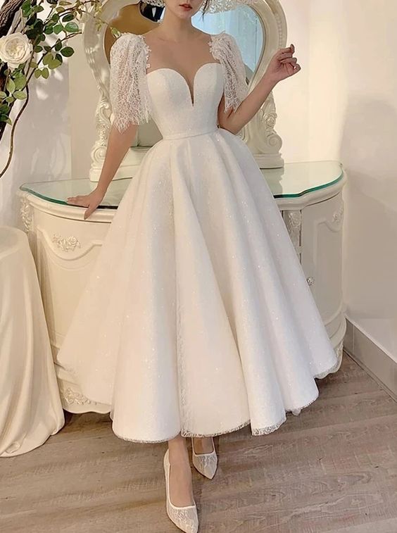 A-line Tea Length Lace Wedding Dresses With Short Sleeves fg6418 - View 2 | VelvetHem