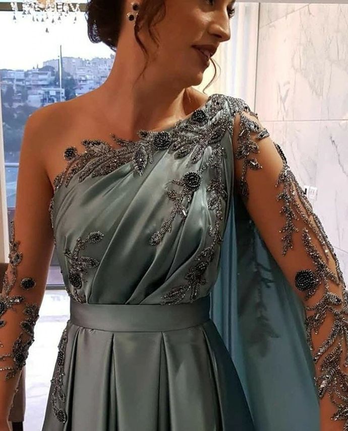 Evening Dresses One Shoulder Full Length Satin A Line Long Sleeves Formal Party Dress Prom Gown fg6768 - View 2 | VelvetHem