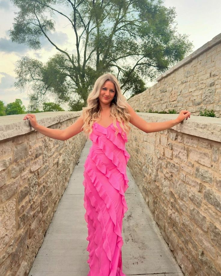 Pink Chiffon Ruffle Party Dress Long Prom Dress fg6396 - View 2 | VelvetHem