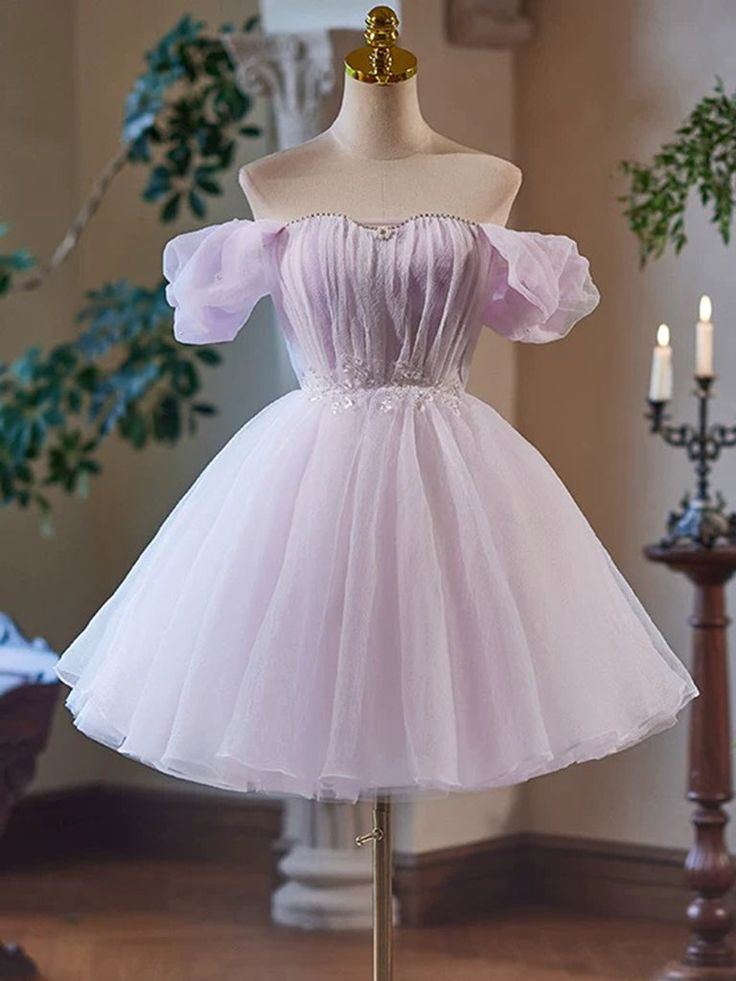 A-Line Sweetheart Neck Tulle Purple Short Prom Dress, Purple Homecoming Dress fg6141 - View 3 | VelvetHem