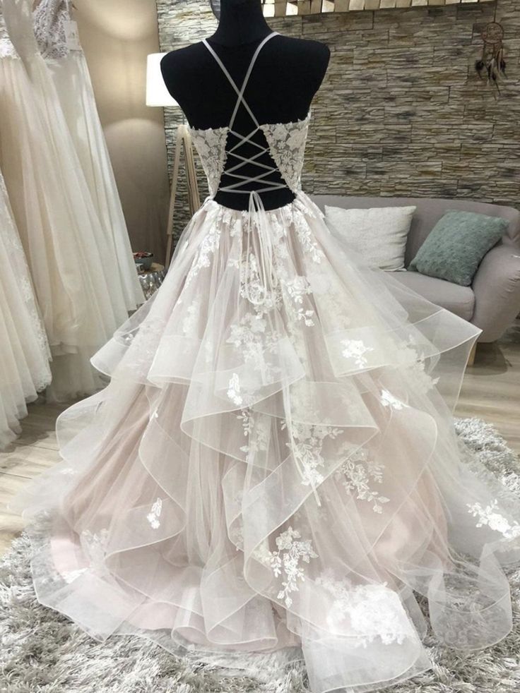 v neck tulle lace long prom dress, evening dress fg6169 - View 2 | VelvetHem