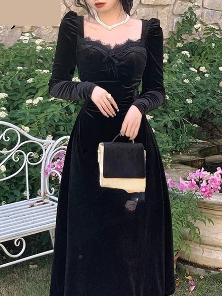 Vintage Balck Long Sleeve Dress Woman Elegant Fashion Velvet Midi Dress fg6635 - View 2 | VelvetHem