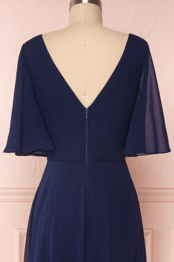 Navy Blue Chiffon V-Neck Ruffled Sleeve Long Bridesmaid Dress fg6390 - View 3 | VelvetHem