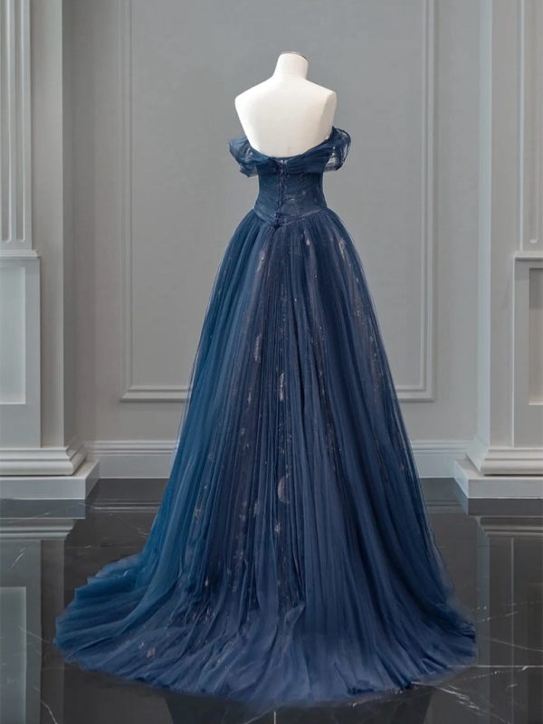 A-Line Off Shoulder Tulle Lace Dark Blue Long Prom Dress, Dark Blue Long Evening Dress fg6743 - View 3 | VelvetHem