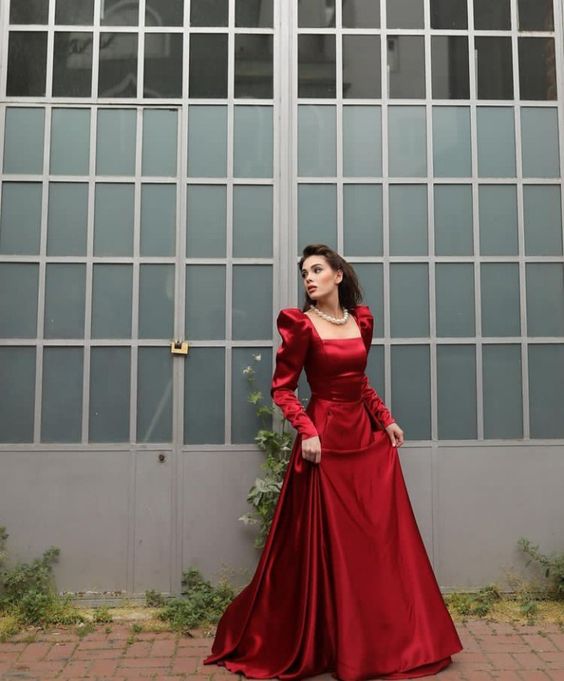 Square Neck Long A Line Evening Gown Burgundy Long Sleeves Satin Formal Prom Party Dress fg6143 - View 3 | VelvetHem