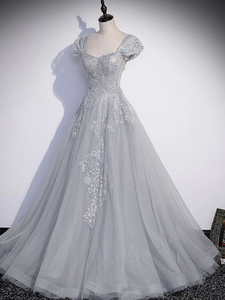 Gray Sweetheart Neck Tulle Lace Long Prom Dress, Gray Evening Dress fg6115 - VelvetHem