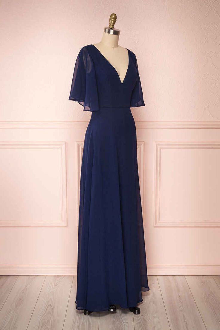 Navy Blue Chiffon V-Neck Ruffled Sleeve Long Bridesmaid Dress fg6390 - View 4 | VelvetHem