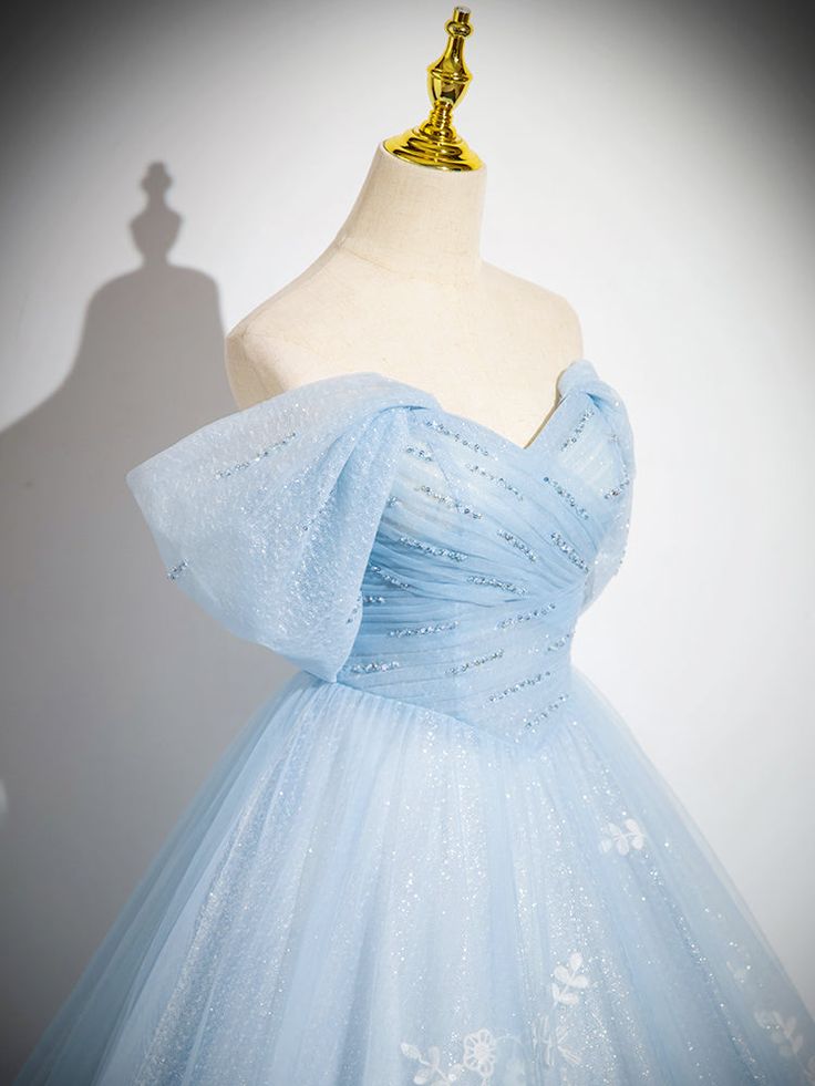 A-Line Off Shoulder Tulle Sequin Blue Long Prom Dress, Blue Sweet 16 Dress fg6727 - View 4 | VelvetHem