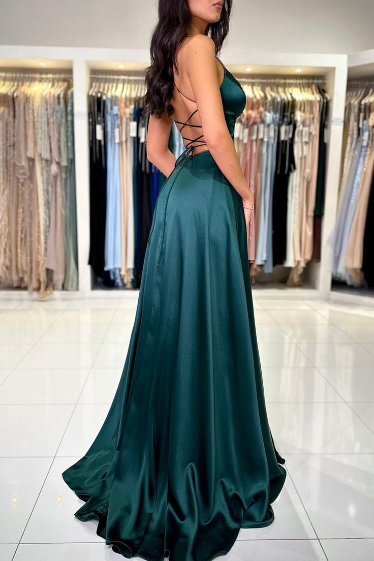 Simple V-Neck Satin Long Prom Dress, Beautiful A-Line Backless Evening Party Dress fg6191 - View 4 | VelvetHem
