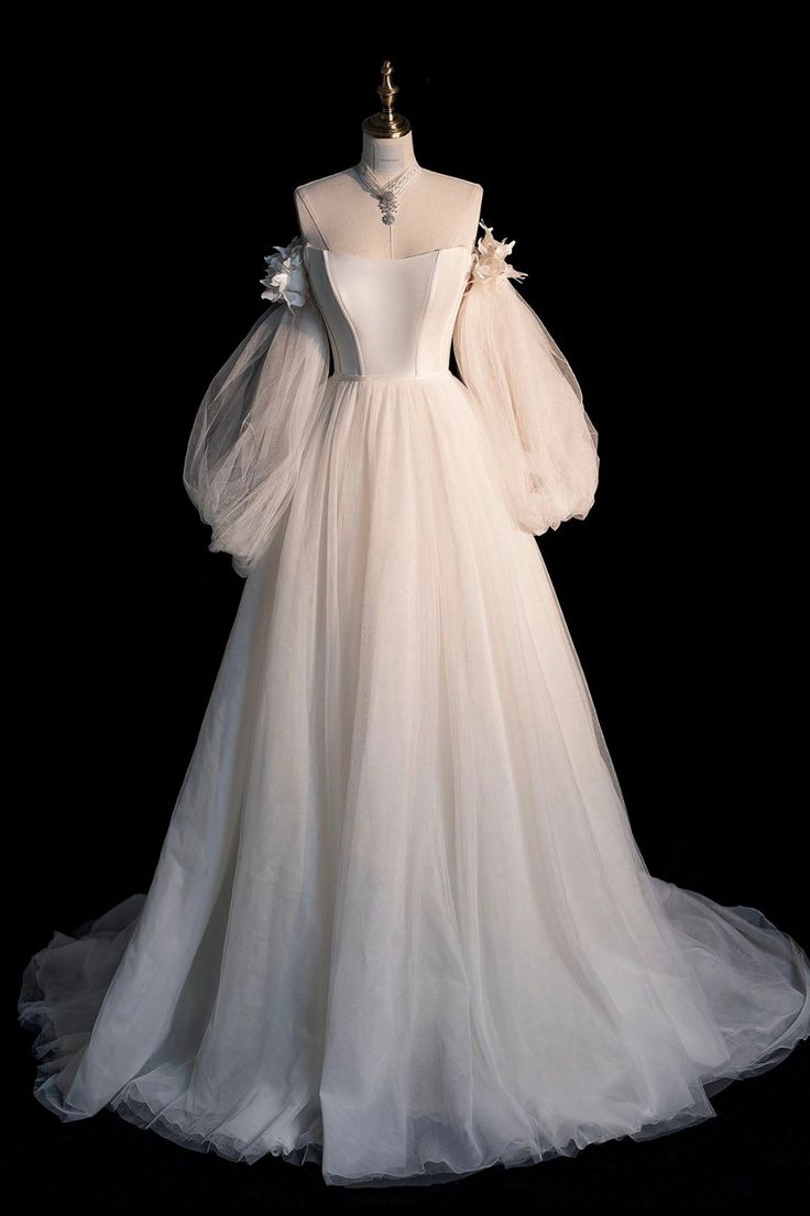 Tulle Long Sleeve Prom Dress, Off the Shoulder Evening Dress fg6045 - VelvetHem