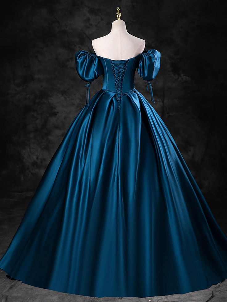 Blue Satin Off the Shoulder Floor Length Prom Dress, Blue A-Line Party Dress fg6764