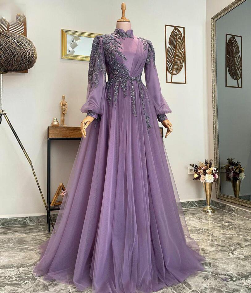 A-line Purple Muslim Evening Dresses fg6038 - VelvetHem