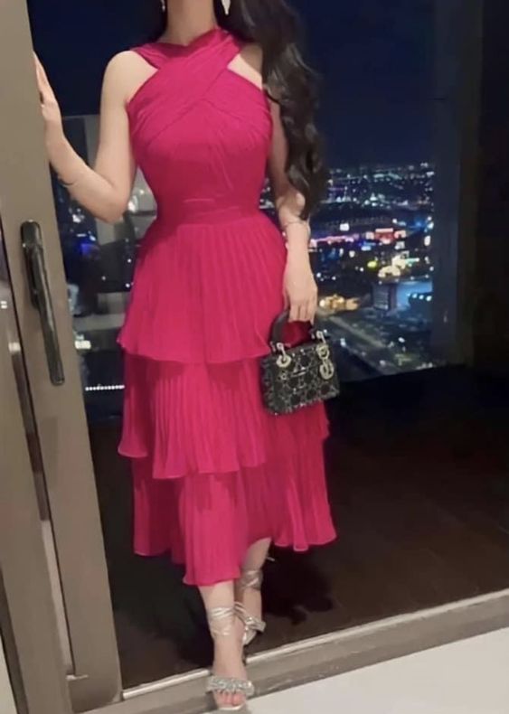 Fuchsia long pleated evening dress, cocktail dress, special occasion dress fg6053 - View 2 | VelvetHem